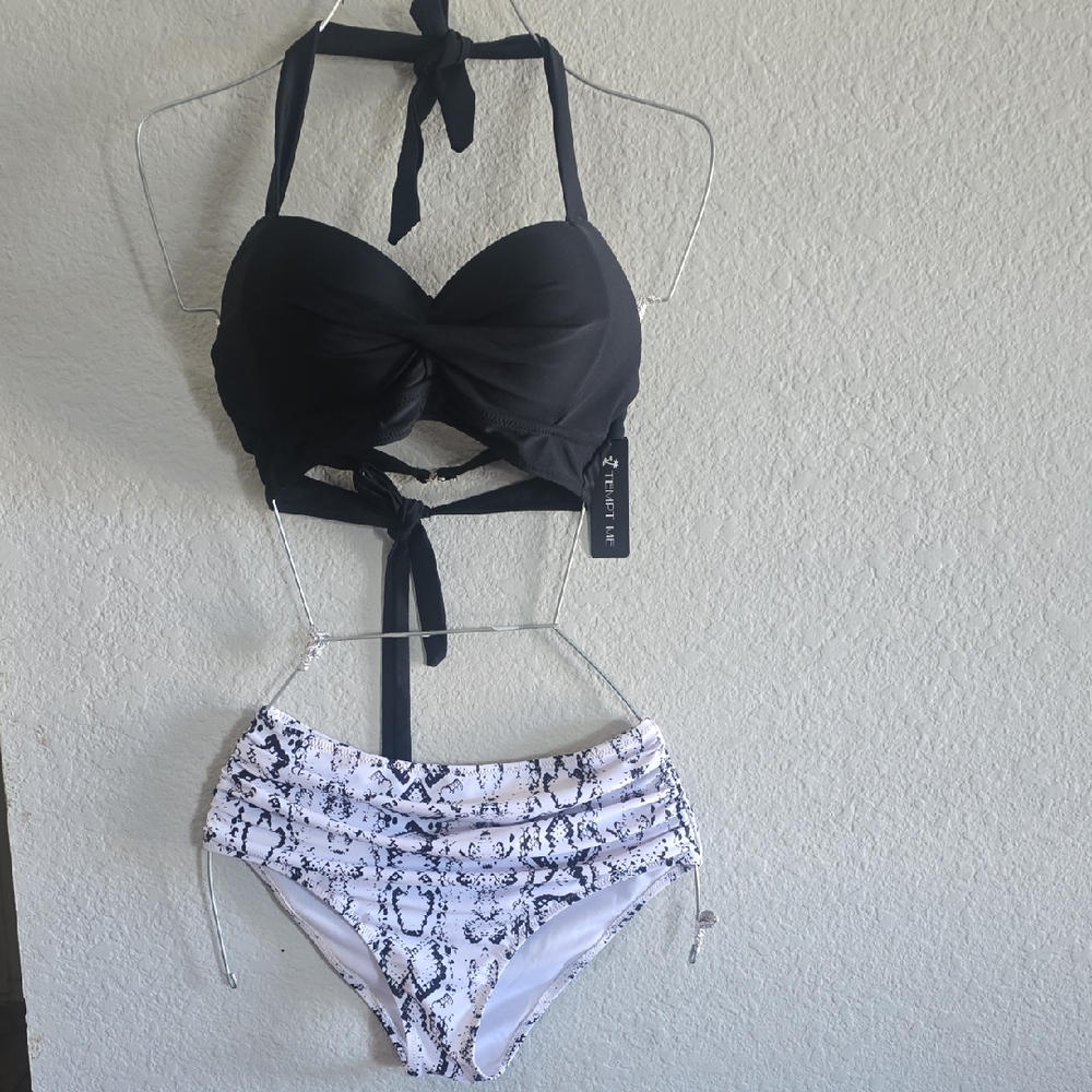 Black Halter Bikini Top and White Snake-Print High-Waist Bottom